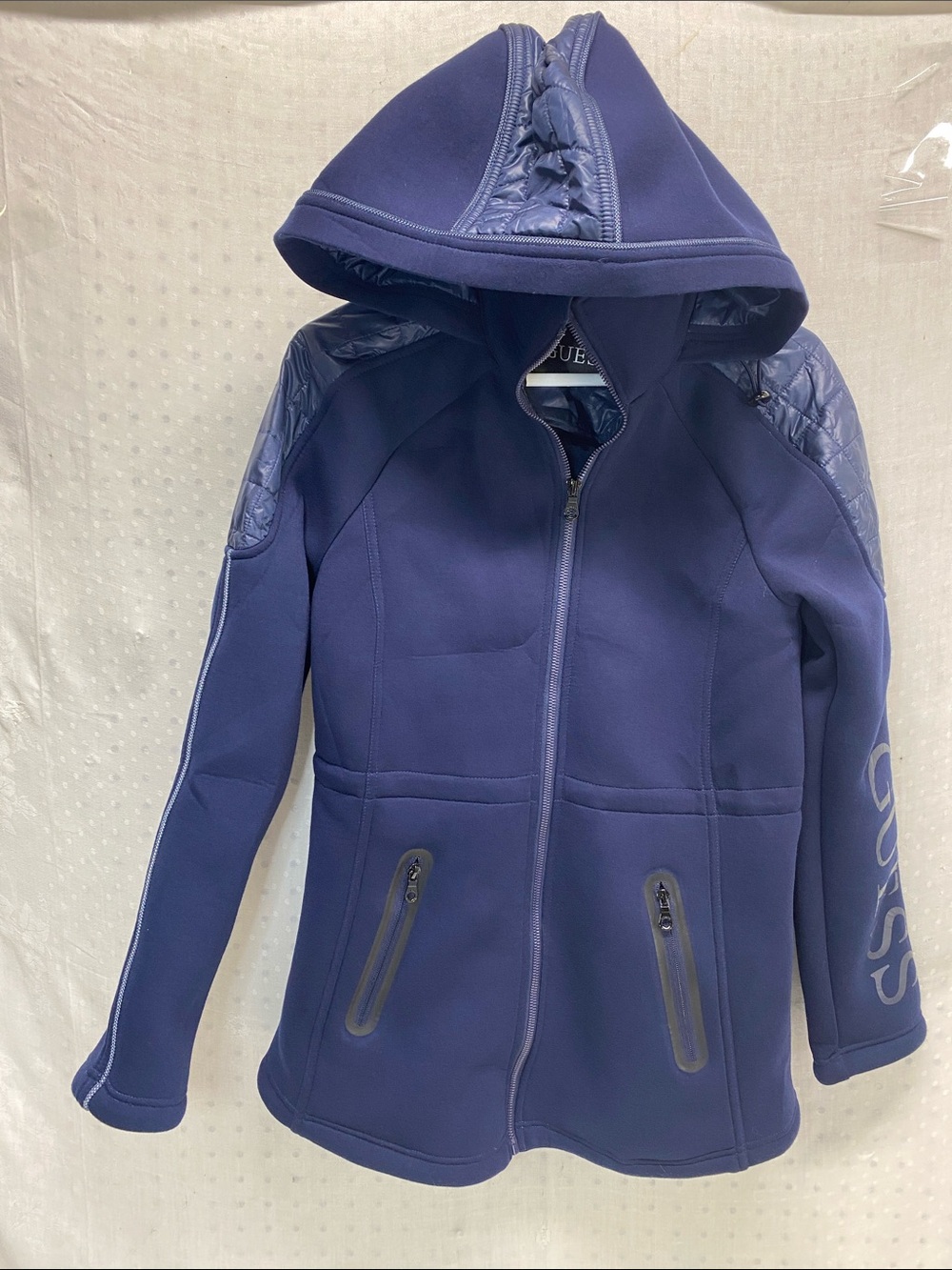 Guess Blue Hooded Jacket Quilted Panels Women's Size Small